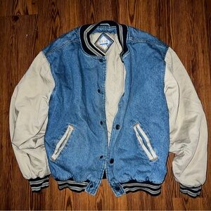 Vintage Gear For Sports Denim Varsity Jacket with Beige Sleeves